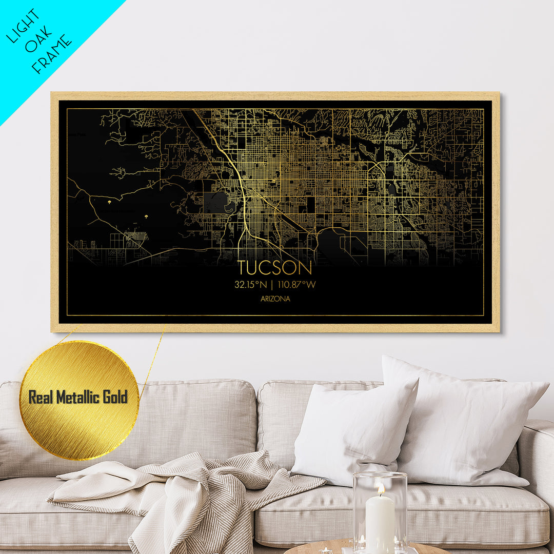 Tucson Arizona City street map, Metallic Gold Print, Metal Art, wood framed map, black and gold, Street Map Art, Housewarming Gift