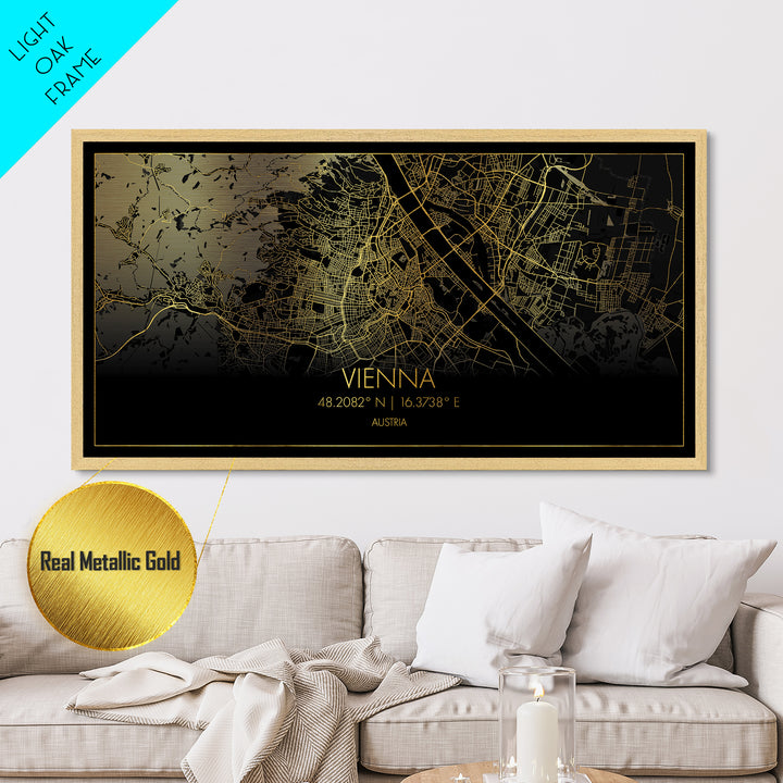 Vienna Austria City street map, Metallic Gold Print, Metal Art, wood framed map, black and gold, Street Map Art, Map Print Poster