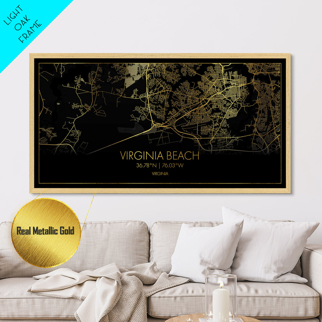 Virginia Beach Virginia City Poster, Metallic Gold Art, Metal Art, real wood frames, black and gold, Street Map Wall Art, Best Friend Gifts