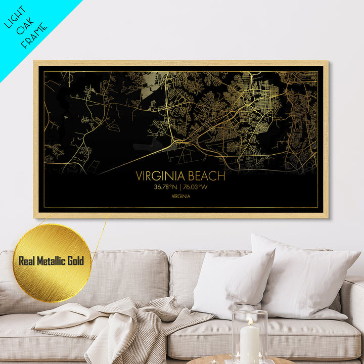 Virginia Beach Virginia City Poster, Metallic Gold Art, Metal Art, real wood frames, black and gold, Street Map Wall Art, Best Friend Gifts