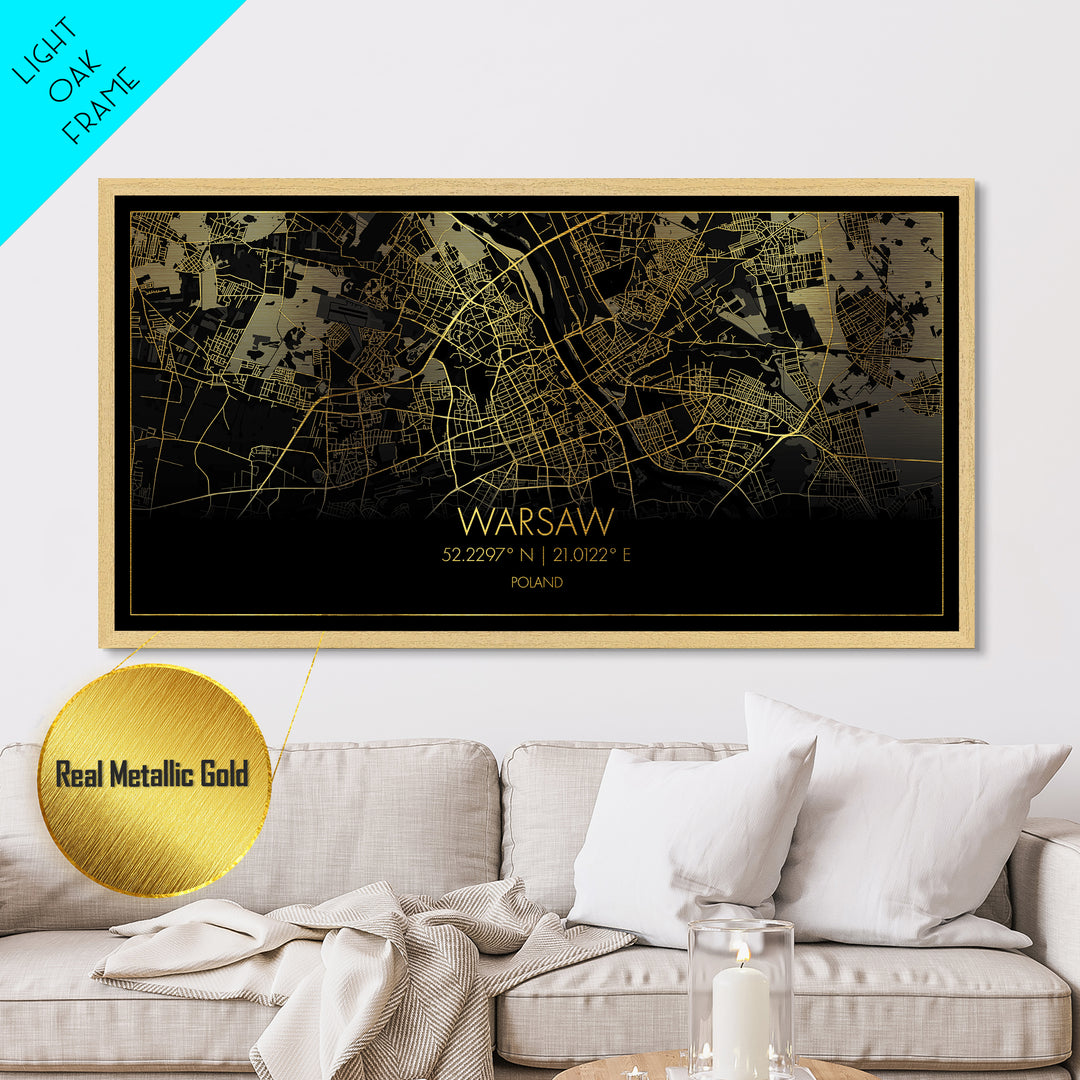 Warsaw Poland City street map, Metallic Gold Print, Metal Art, wood framed map, black and gold, Street Map Art, Real Wood Frames
