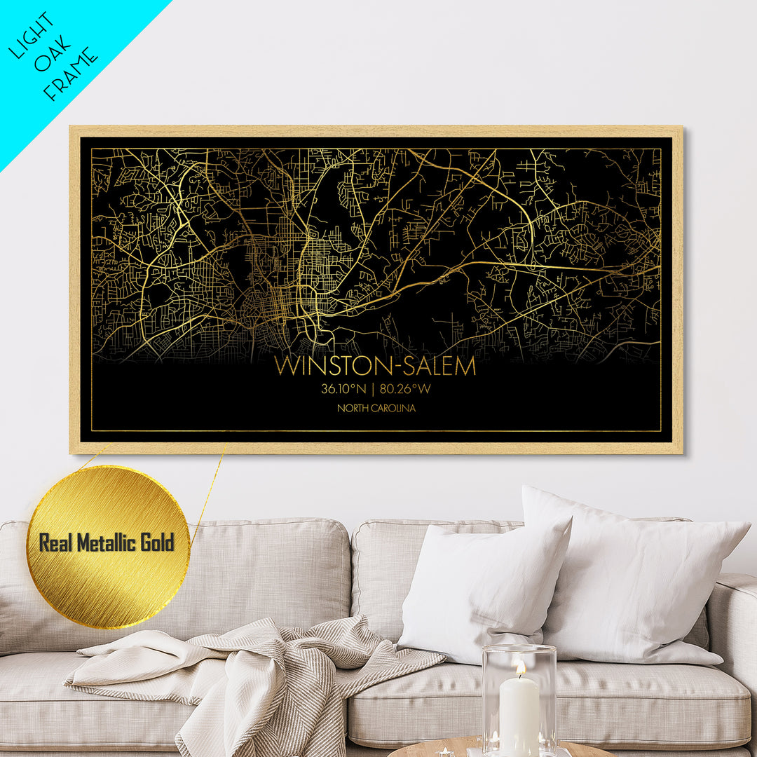 Winston Salem North Carolina City Poster, Metallic Gold Art, Metal Art, real wood frames, black and gold, Street Map Wall Art, Housewarming Gift