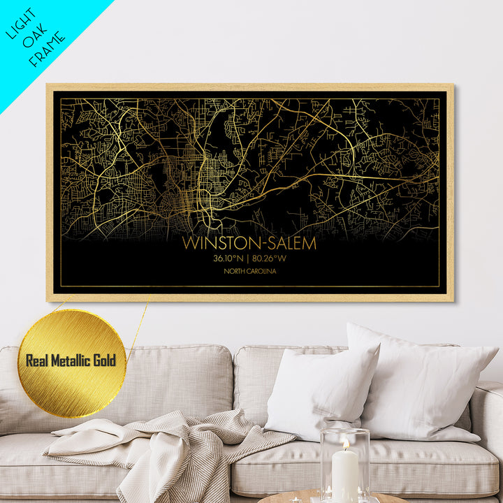Winston Salem North Carolina City Poster, Metallic Gold Art, Metal Art, real wood frames, black and gold, Street Map Wall Art, Housewarming Gift