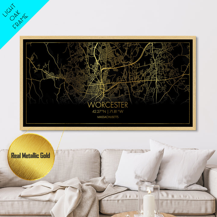 Worcester Massachusetts City street map, Metallic Gold Print, Metal Art, wood framed map, black and gold, Street Map Art, Modern Wall Art