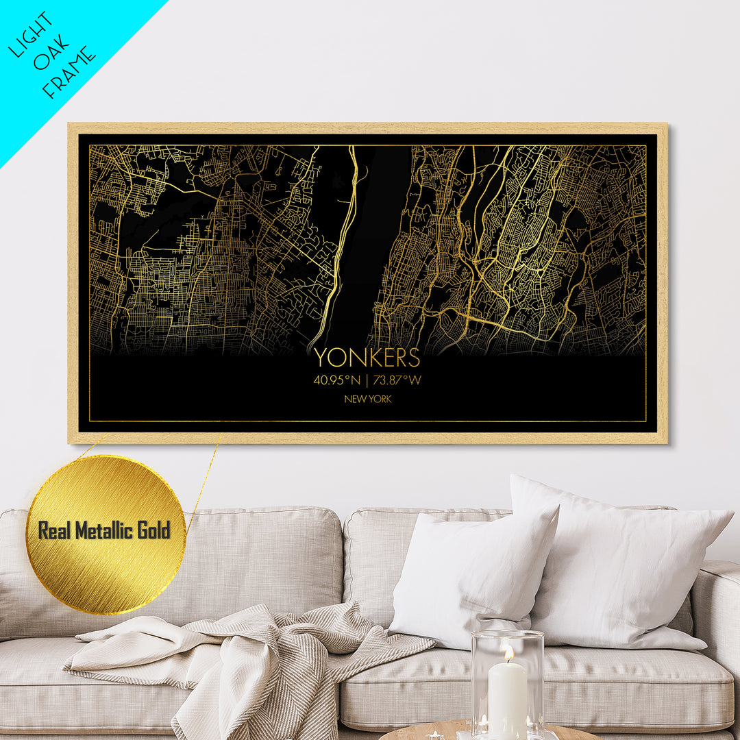Yonkers New York City Poster, Metallic Gold Art, Metal Art, real wood frames, black and gold, Street Map Wall Art, Real Wood Frames