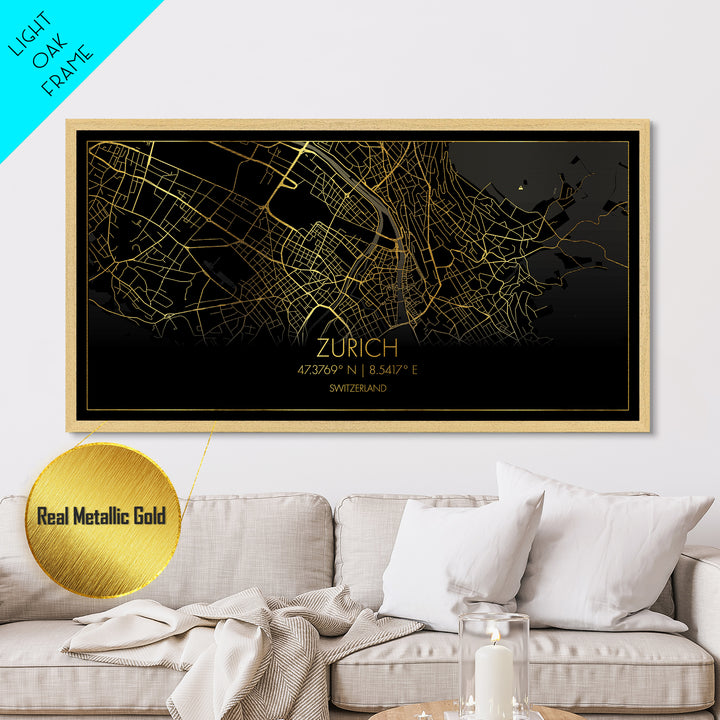 Zurich Switzerland City street map, Metallic Gold Print, Metal Art, wood framed map, black and gold, Street Map Art, Best Friend Gifts