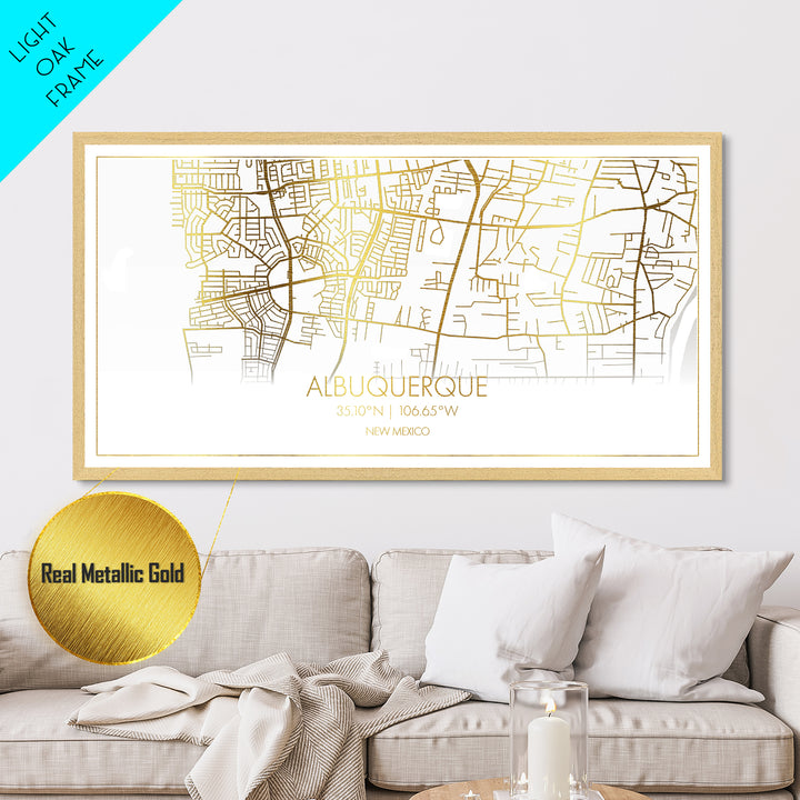 Albuquerque New Mexico City Poster, Metallic Gold Art, Metal Art, real wood frames, black and gold, Street Map Wall Art, Gold Street Map Art
