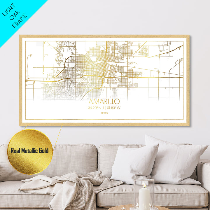 Amarillo Texas City street map, Metallic Gold Print, Metal Art, wood framed map, black and gold, Street Map Art, Minimalist Wall Art, Modern House Art