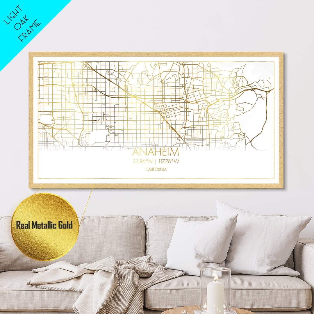 Anaheim California City Poster, Metallic Gold Art, Metal Art, real wood frames, black and gold, Map Print Poster, Street Map Art, Housewarming Gift