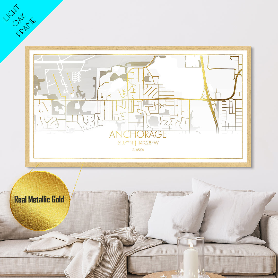 Anchorage Alaska City street map, Metallic Gold Print, Metal Art, wood framed map, black and gold, Street Map Wall Art, Best Friend Gifts, Modern Wall Art