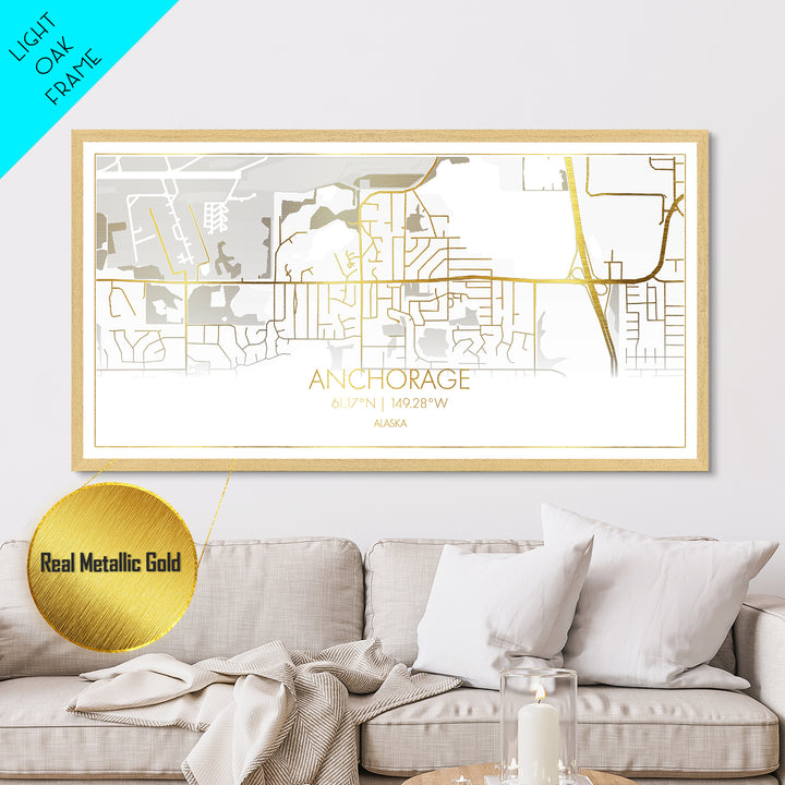 Anchorage Alaska City street map, Metallic Gold Print, Metal Art, wood framed map, black and gold, Street Map Wall Art, Best Friend Gifts, Modern Wall Art