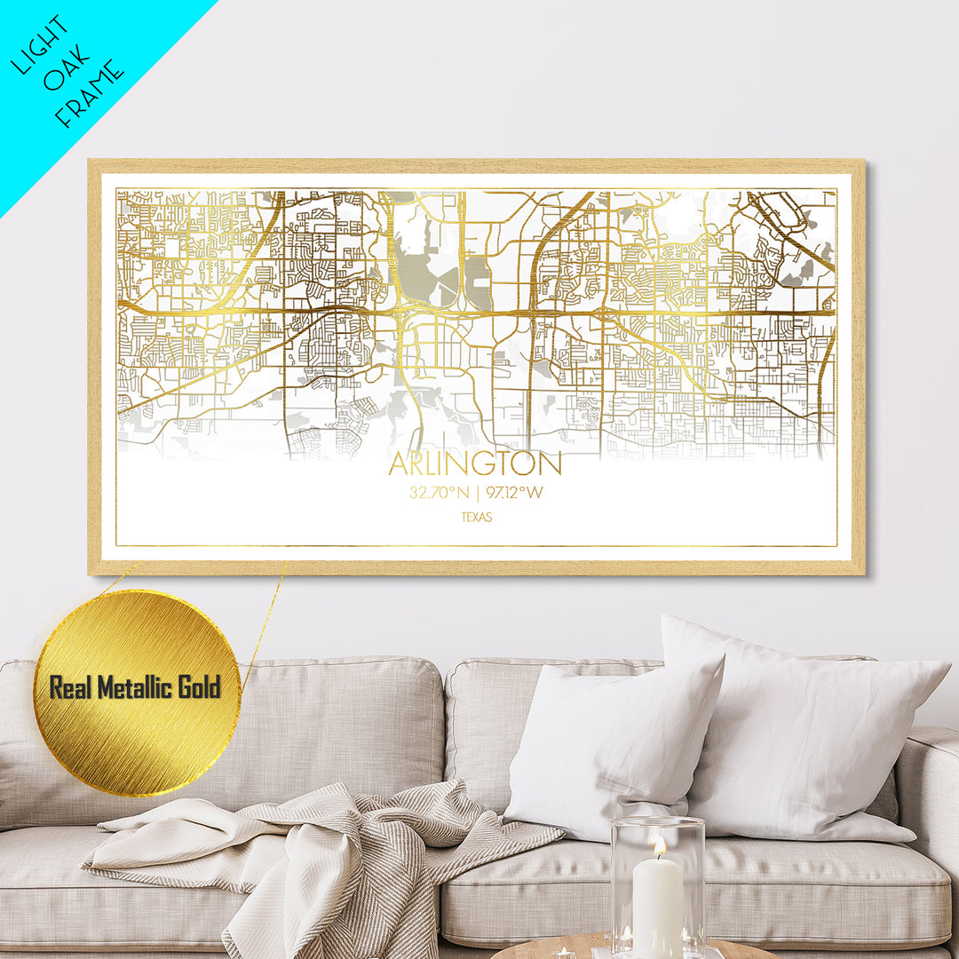 Arlington Texas City Poster, Metallic Gold Art, Metal Art, real wood frames, black and gold, Street Map Art, College Dorm Décor, Wall Art, Map Art