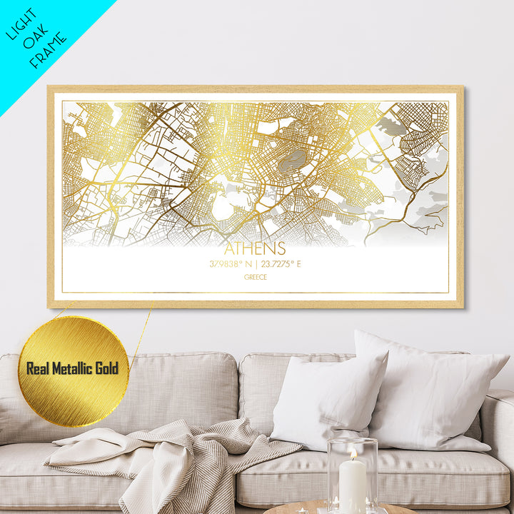 Athens Greece City street map, Metallic Gold Print, Metal Art, wood framed map, black and gold, Street Map Art, Housewarming Gift, Travel Poster