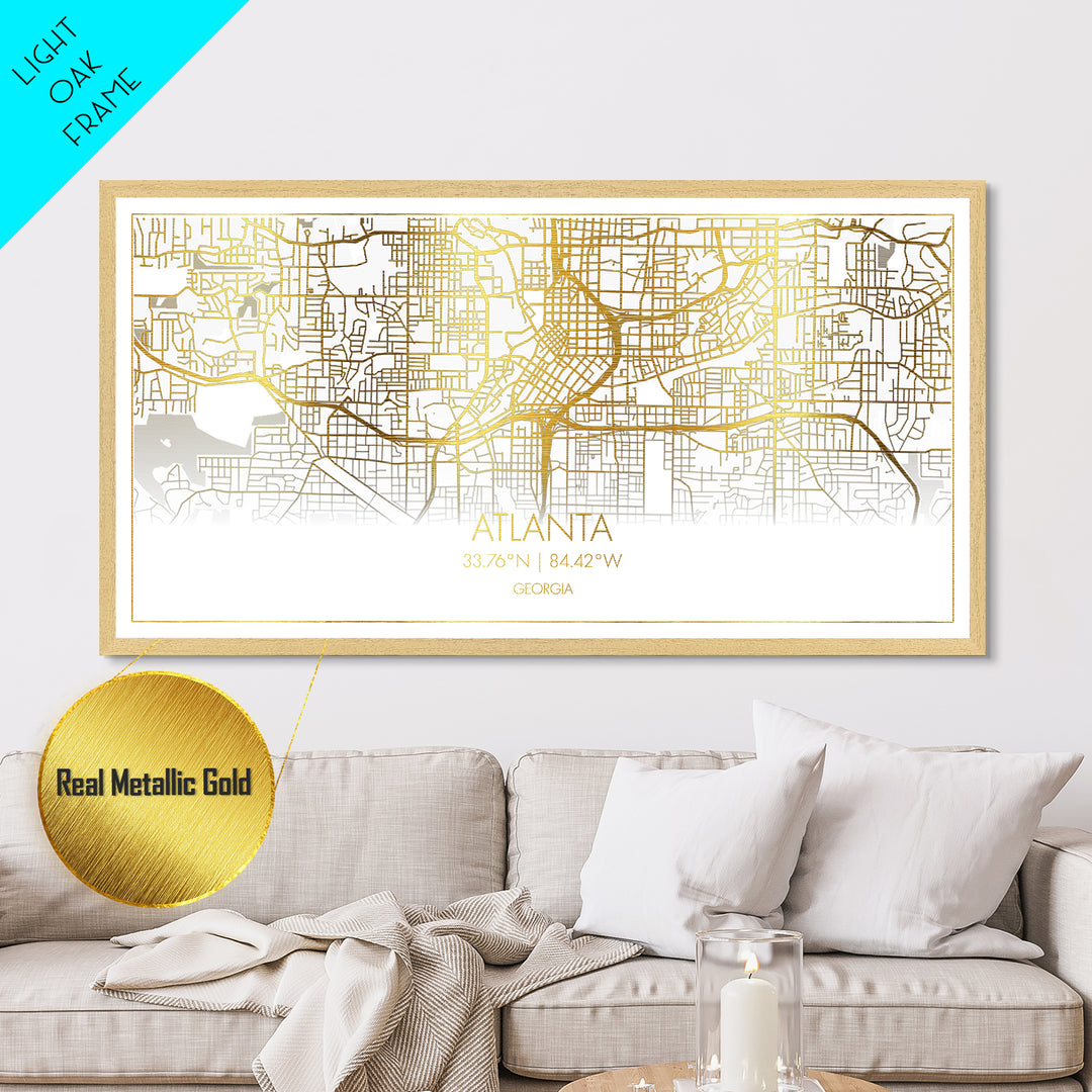Atlanta Georgia City Poster, Metallic Gold Art, Metal Art, real wood frames, black and gold, Street Map Wall Art, Office Decor, Real Wood Frames