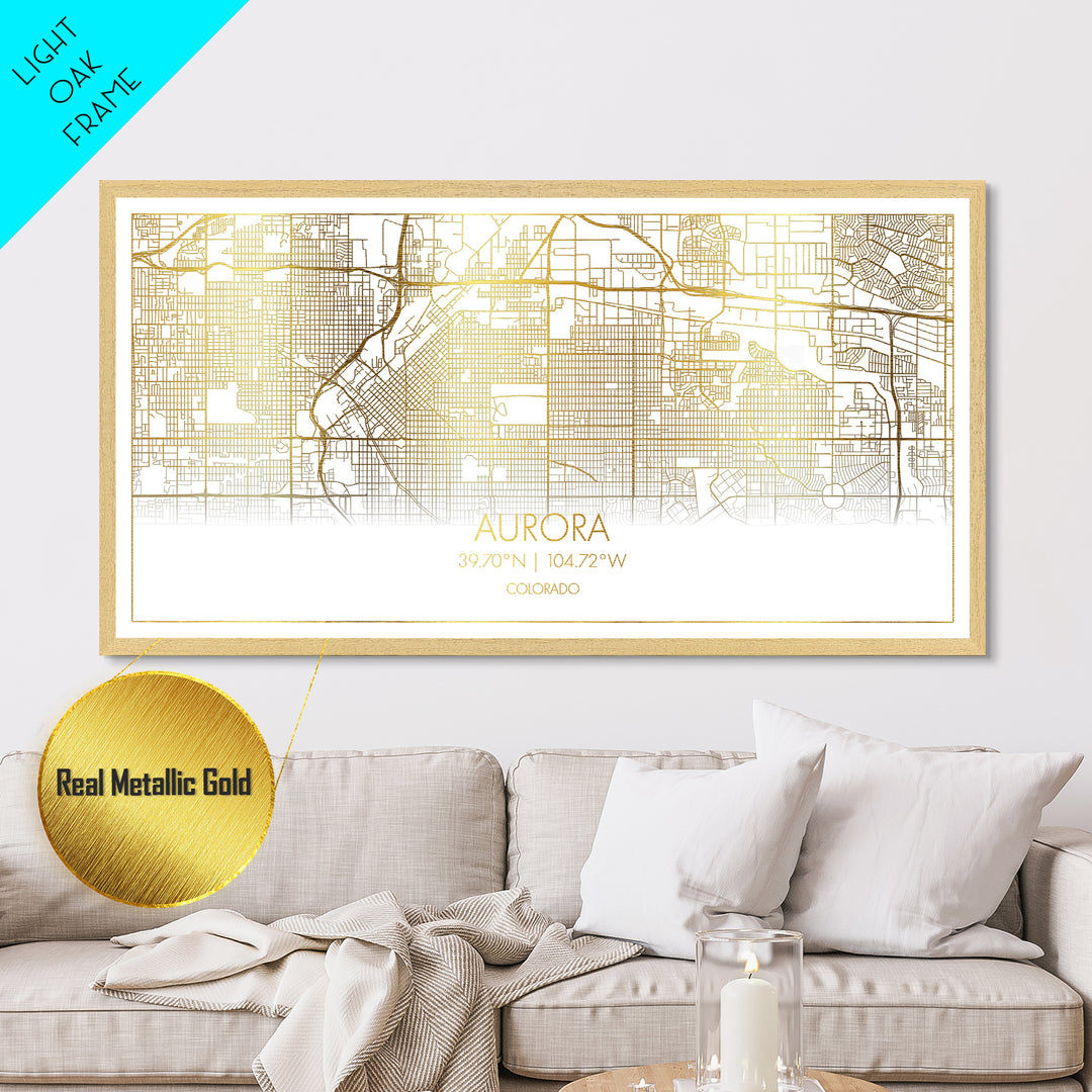 Aurora Colorado City Poster, Metallic Gold Art, Metal Art, real wood frames, black and gold, Street Map Art, Travel Poster, Gold Street Map Art