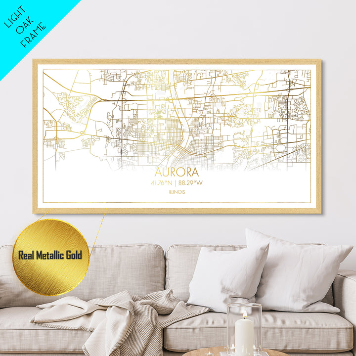 Aurora Illinois City street map, Metallic Gold Print, Metal Art, wood framed map, black and gold, Street Map Art, Map Print Poster, Housewarming Gift