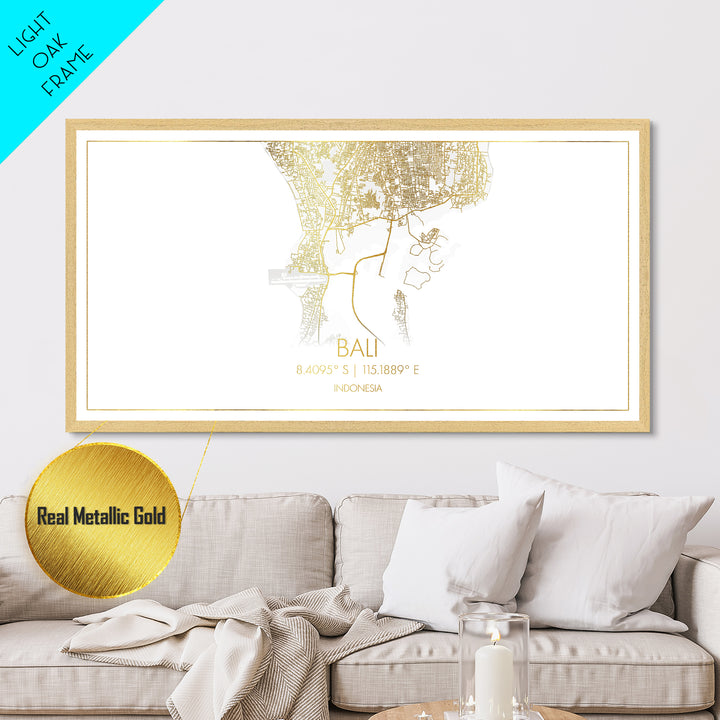 Bali Indonesia City Poster, Metallic Gold Art, Metal Art, real wood frames, black and gold, Travel Poster, Street Map Art, Gold Street Map Art