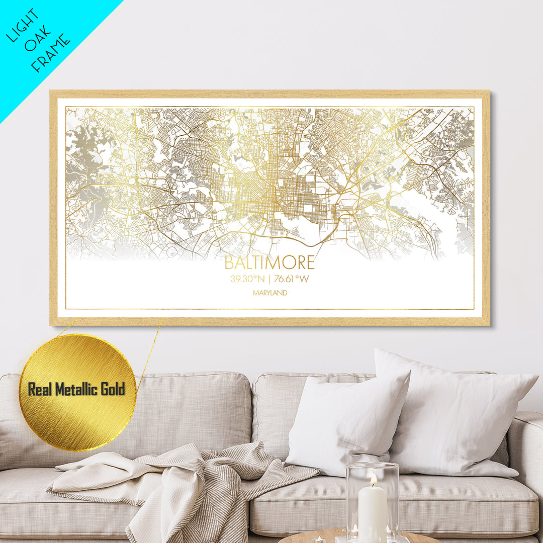 Baltimore Maryland City street map, Metallic Gold Print, Metal Art, wood framed map, black and gold, Street Map Art, Office Decor, Real Wood Frames