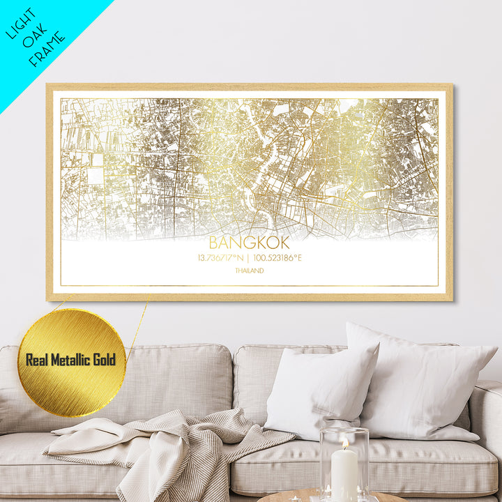 Bangkok Thailand City Poster, Metallic Gold Art, Metal Art, real wood frames, black and gold, Street Map Wall Art, Travel Poster, College Dorm Décor