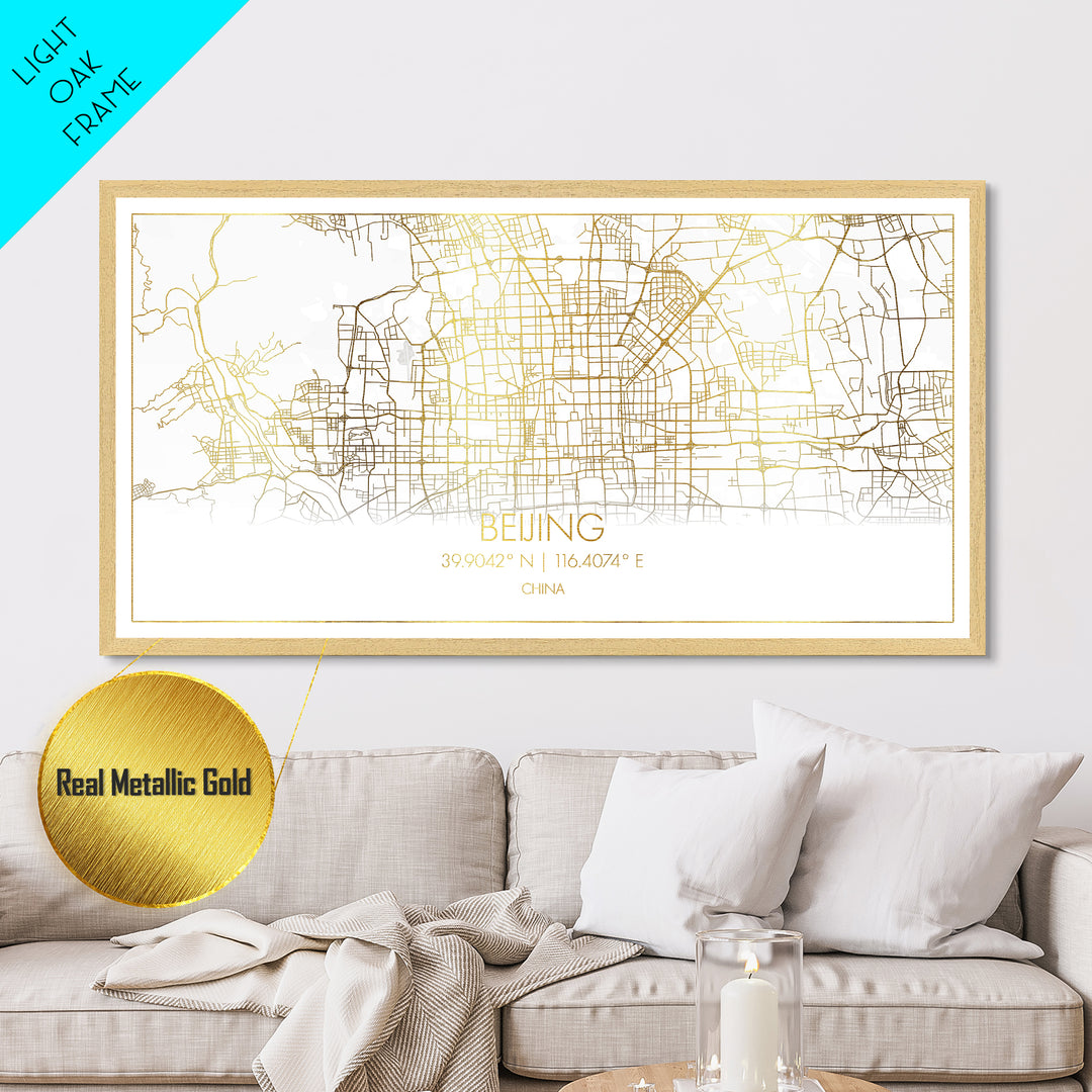 Beijing China City street map, Metallic Gold Print, Metal Art, wood framed map, black and gold, Street Map Art, Best Friend Gifts, Travel Poster