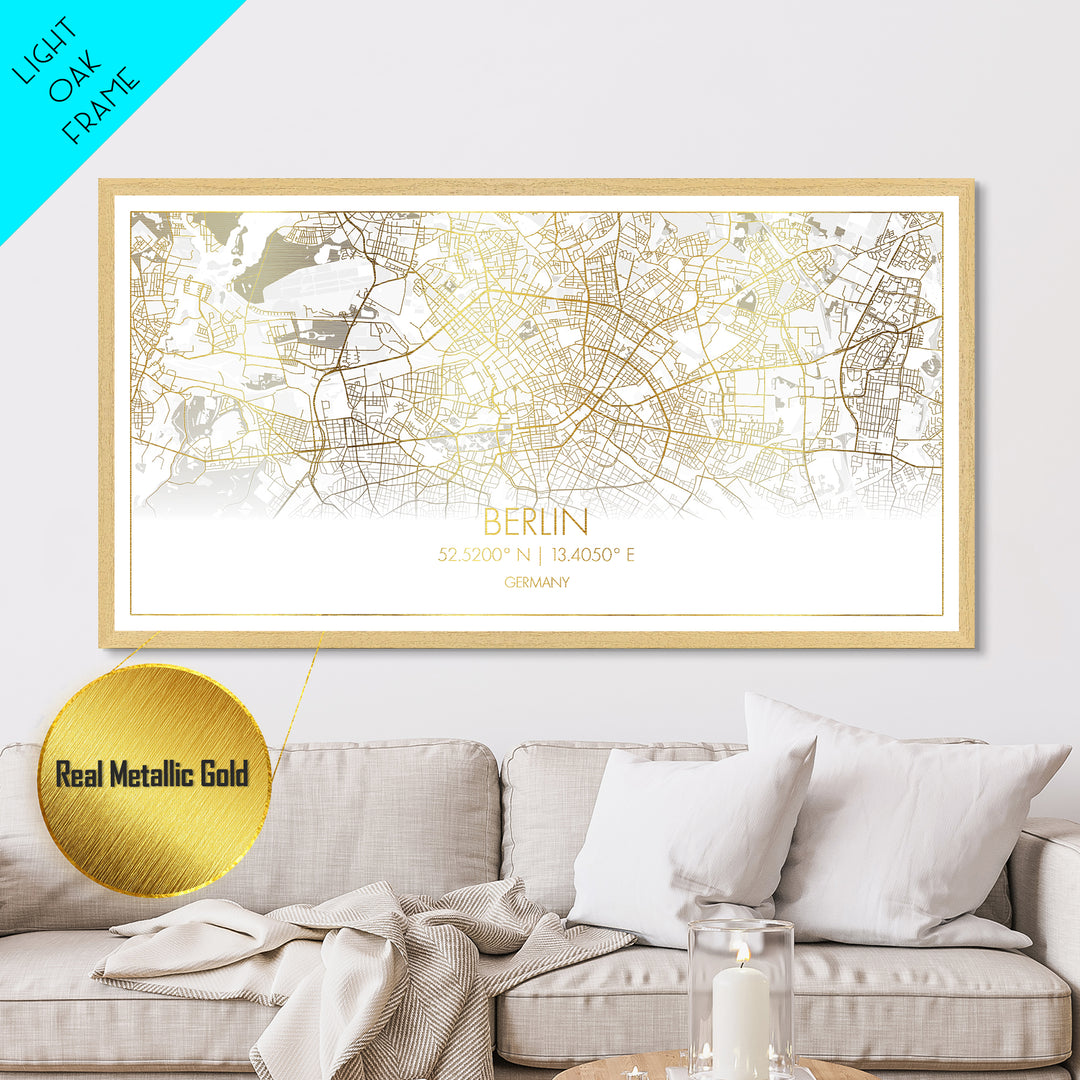 Berlin Germany City Poster, Metallic Gold Art, Metal Art, real wood frames, black and gold, Street Map Wall Art, Map Art, Real Wood Frames