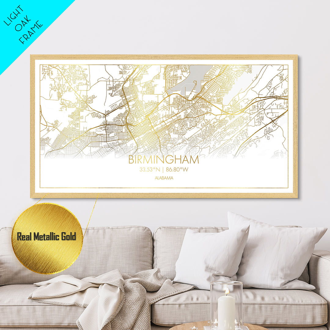 Birmingham Alabama City street map, Metallic Gold Print, Metal Art, wood framed map, black and gold, Travel Poster, Street Map Art, Housewarming Gift