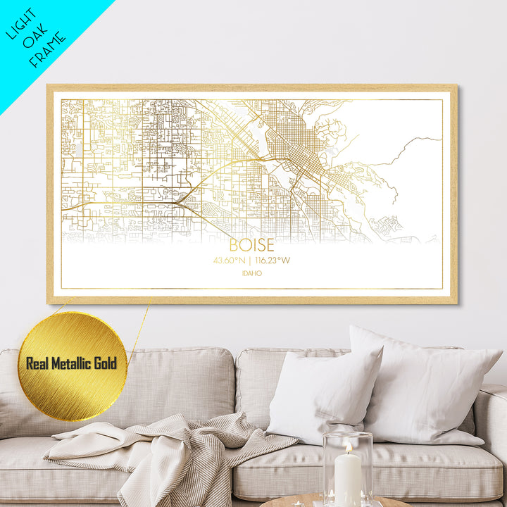 Boise Idaho City street map, Metallic Gold Print, Metal Art, wood framed map, black and gold, Map Art, Street Map Wall Art, College Dorm Décor