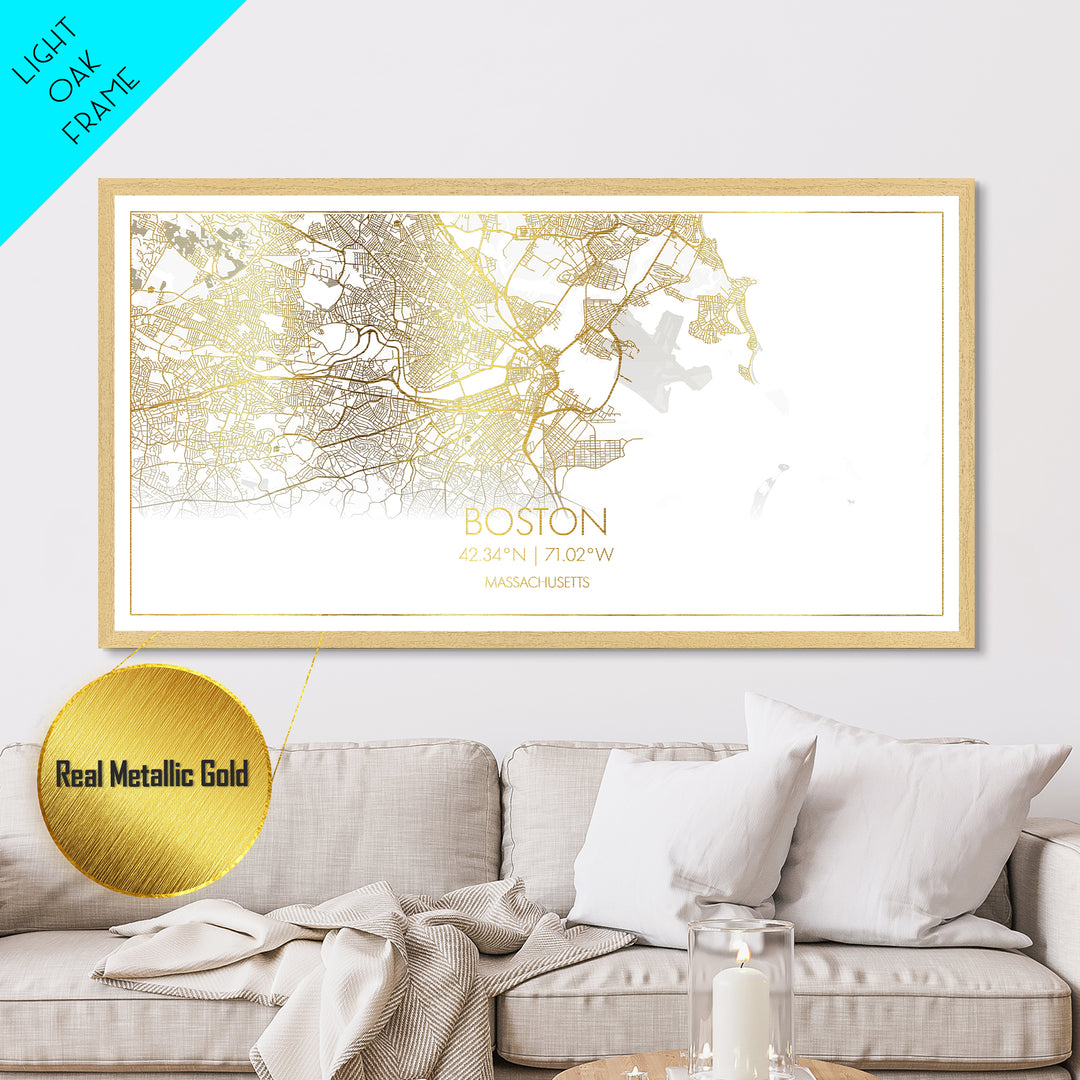 Boston Massachusetts City Poster, Metallic Gold Art, Metal Art, real wood frames, black and gold, Street Map Art, Modern Wall Art