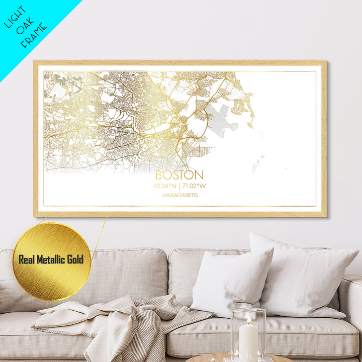 Boston Massachusetts City Poster, Metallic Gold Art, Metal Art, real wood frames, black and gold, Street Map Art, Modern Wall Art