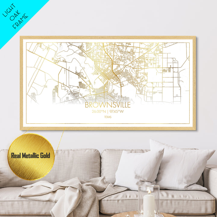 Brownsville Texas City street map, Metallic Gold Print, Metal Art, wood framed map, black and gold, Travel Poster, Street Map Art, Gold Street Map Art