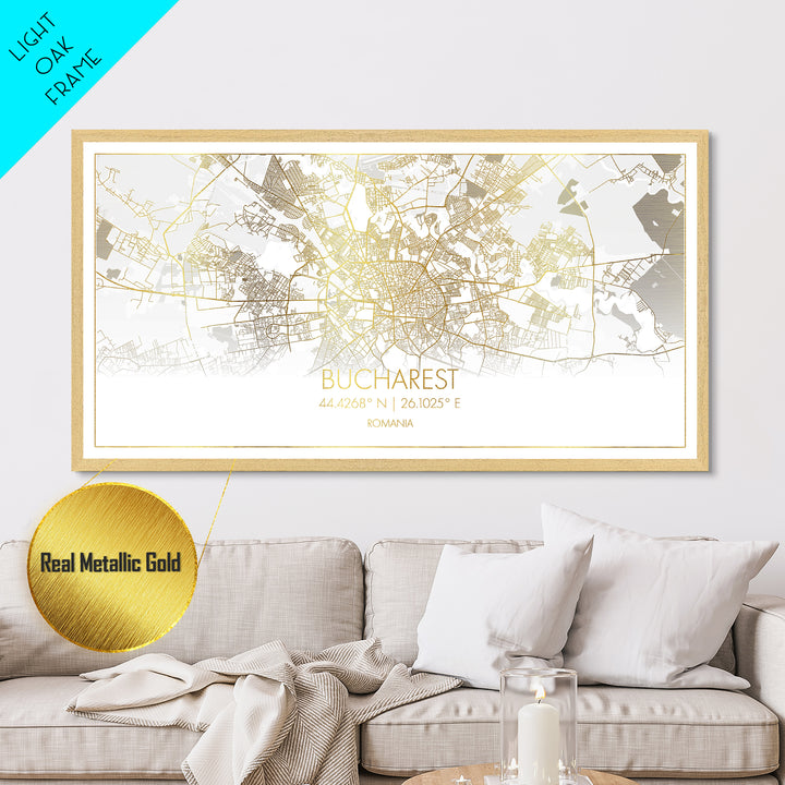 Bucharest Romania City street map, Metallic Gold Print, Metal Art, wood framed map, black and gold, Map Art, Street Map Art, Travel Poster
