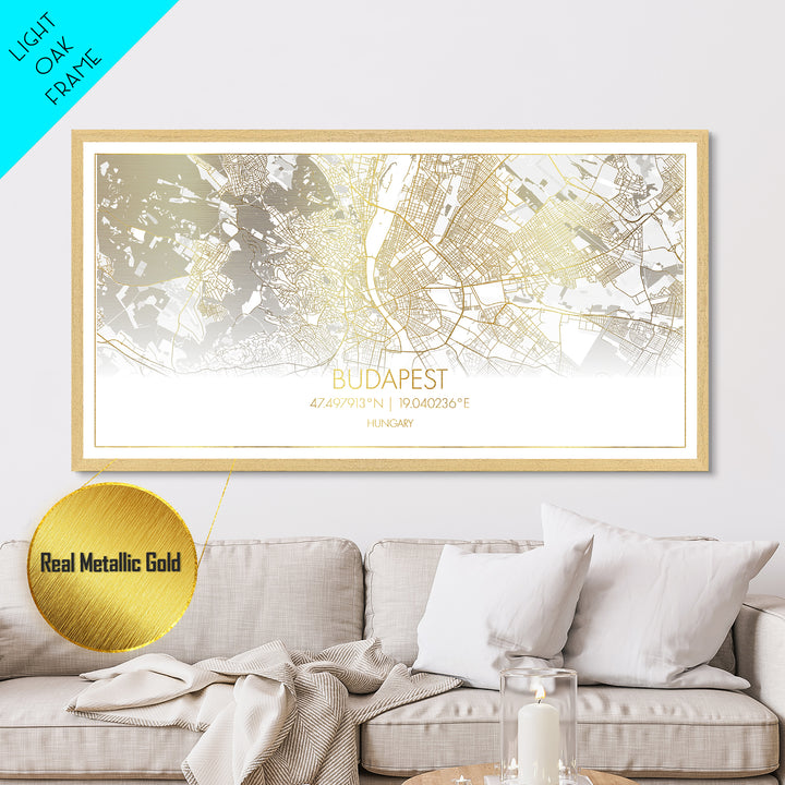 Budapest Hungary City Poster, Metallic Gold Art, Metal Art, real wood frames, black and gold, Street Map Wall Art, Real Wood Frames, Housewarming Gift