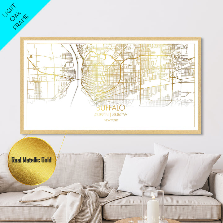 Buffalo New York City street map, Metallic Gold Print, Metal Art, wood framed map, black and gold, Street Map Art, Gold Street Map Art, Modern Wall Art