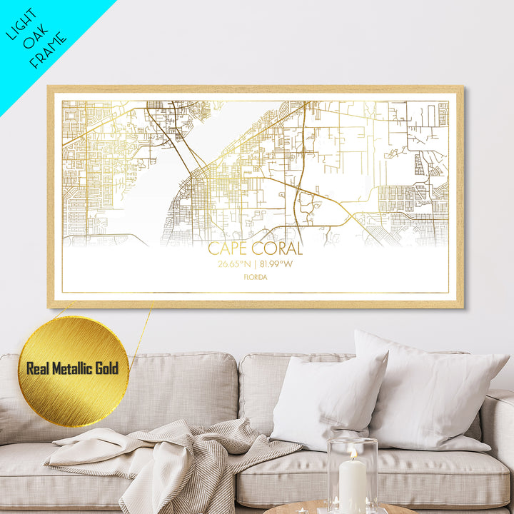 Cape Coral Florida City Poster, Metallic Gold Art, Metal Art, real wood frames, black and gold, Street Map Art, Map Print Poster, Travel Poster