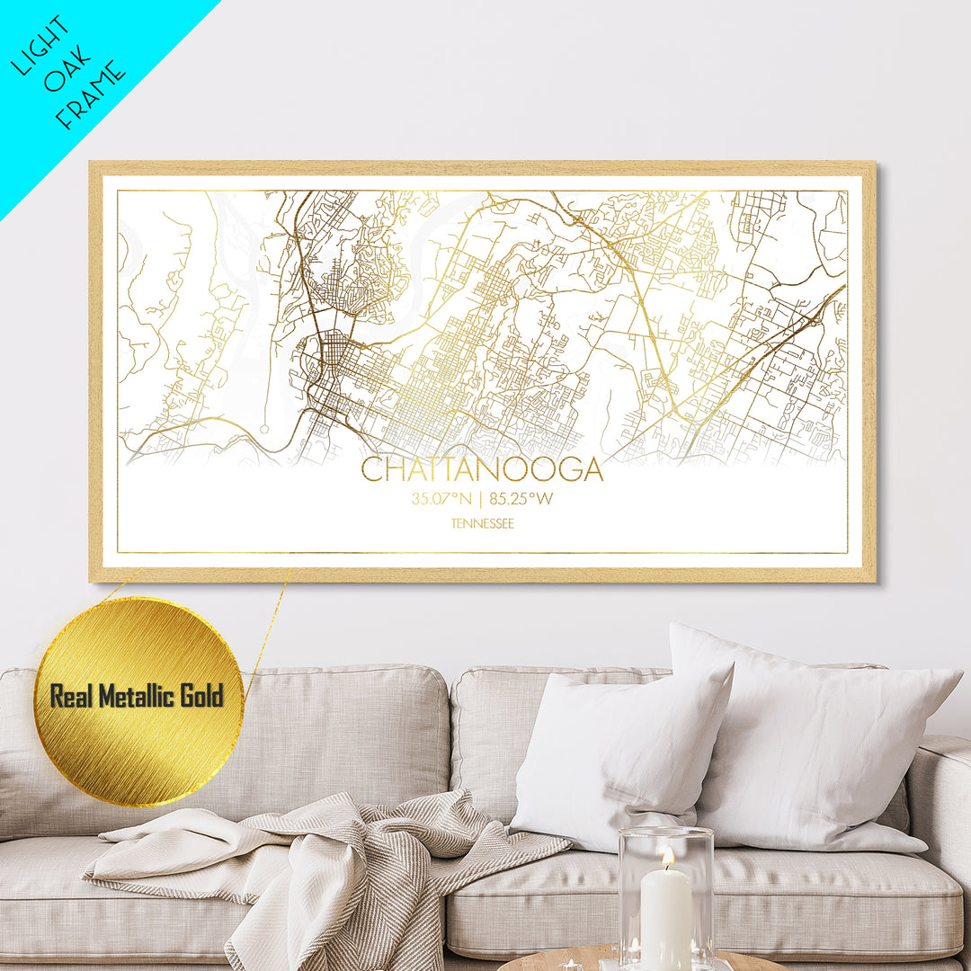 Chattanooga Tennessee City street map, Metallic Gold Print, Metal Art, wood framed map, black and gold, Modern Wall Art, Map Art, Travel Poster