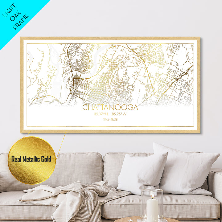 Chattanooga Tennessee City street map, Metallic Gold Print, Metal Art, wood framed map, black and gold, Modern Wall Art, Map Art, Travel Poster