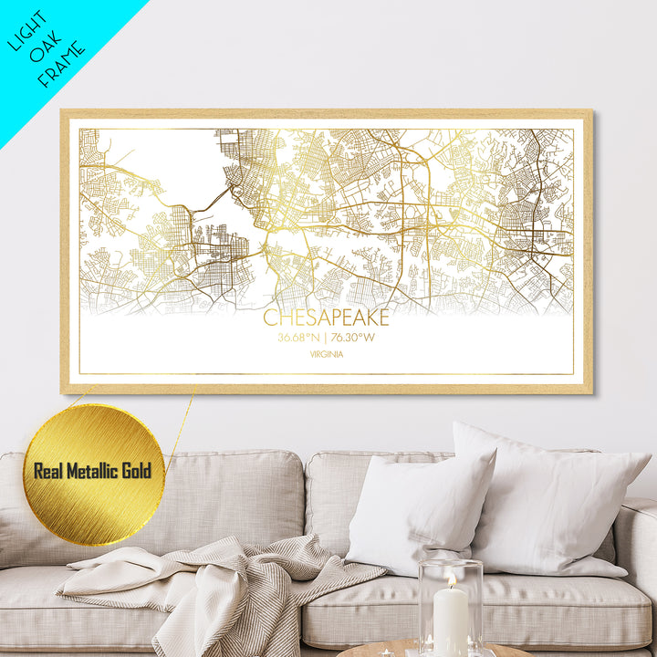 Chesapeake Virginia City Poster, Metallic Gold Art, Metal Art, real wood frames, black and gold, Street Map Art, Minimalist Wall Art, Office Decor