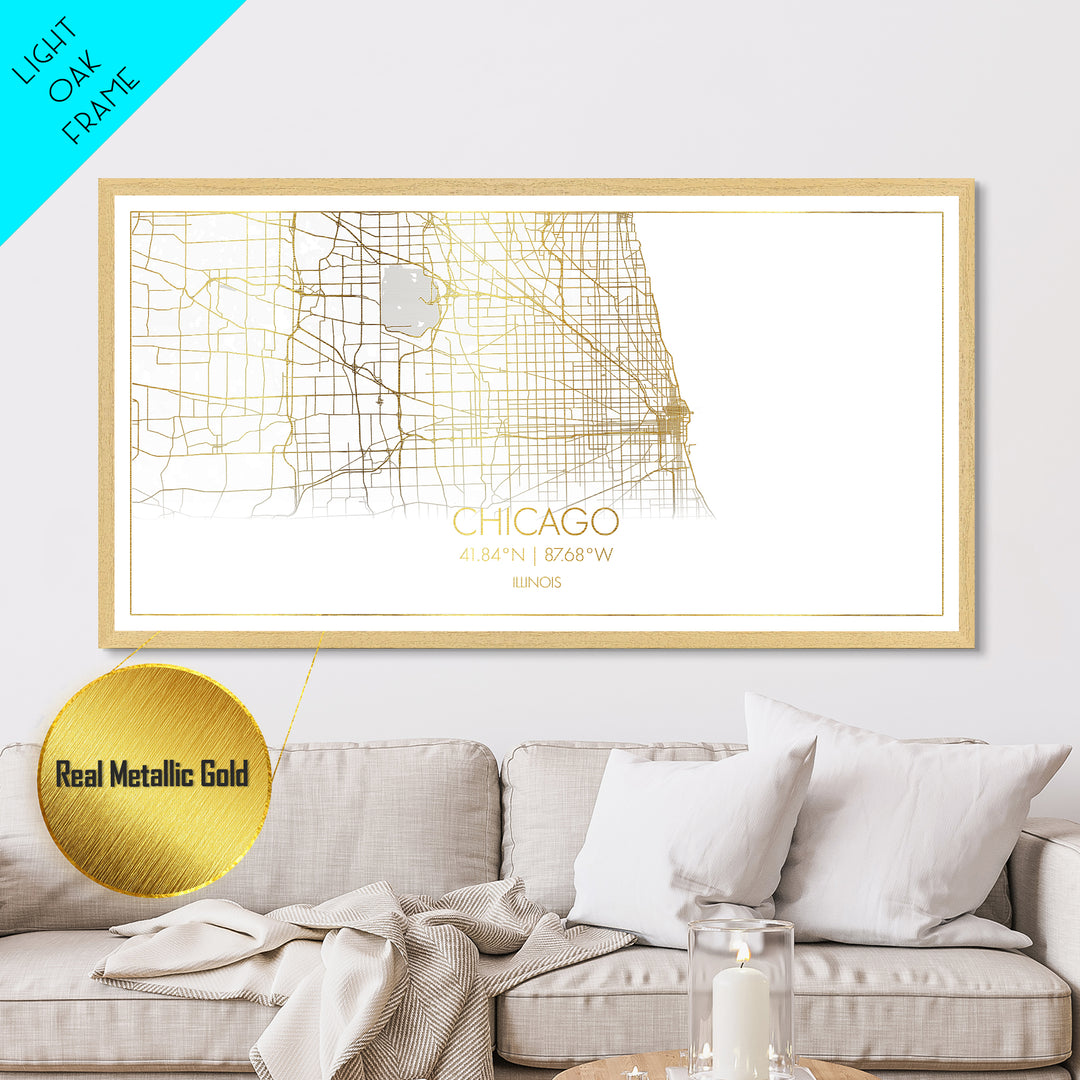 Chicago Illinois City street map, Metallic Gold Print, Metal Art, wood framed map, black and gold, Street Map Wall Art, College Dorm Décor