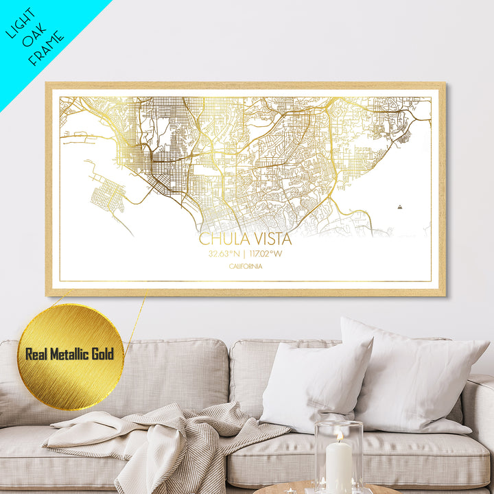 Chula Vista California City Poster, Metallic Gold Art, Metal Art, real wood frames, black and gold, Map Print Poster, Travel Poster, Modern House Art