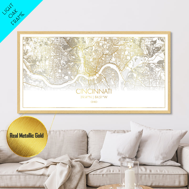 Cincinnati Ohio City street map, Metallic Gold Print, Metal Art, wood framed map, black and gold, Gold Street Map Art, Street Map Art, Best Friend Gifts