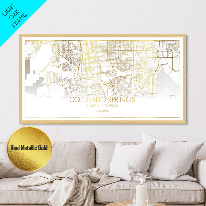 Colorado Springs Colorado City Poster, Metallic Gold Art, Metal Art, real wood frames, black and gold, Street Map Wall Art, Travel Poster, Map Art
