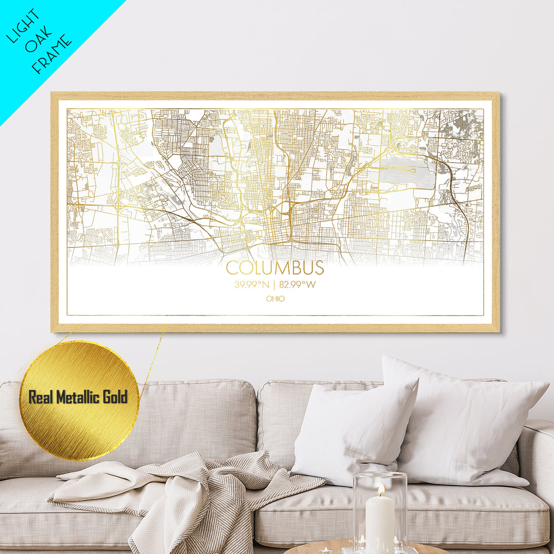 Columbus Ohio City Poster, Metallic Gold Art, Metal Art, real wood frames, black and gold, Street Map Wall Art, Map Art, Real Wood Frames