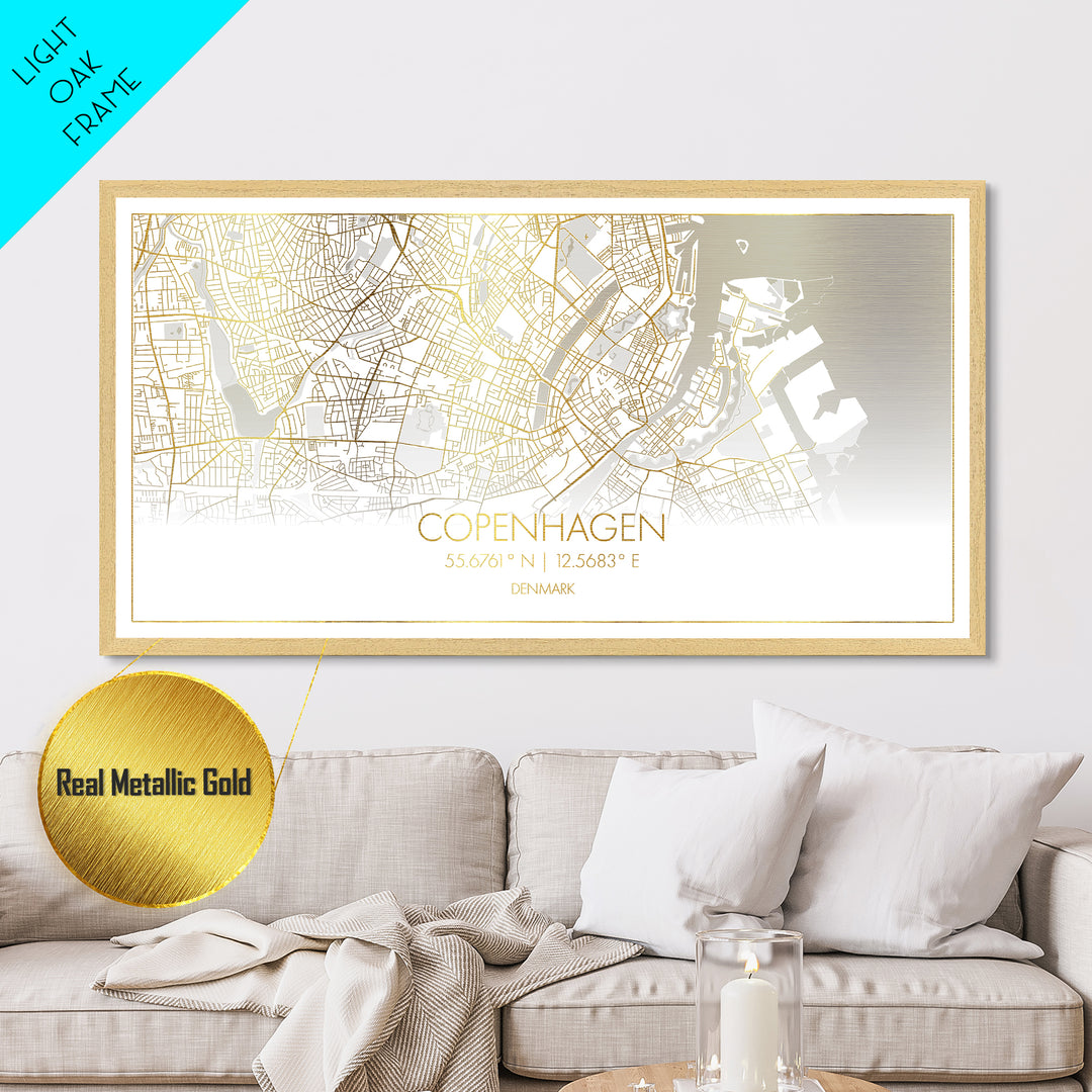 Copenhagen Denmark City street map, Metallic Gold Print, Metal Art, wood framed map, black and gold, Travel Poster, Street Map Art, Modern Wall Art