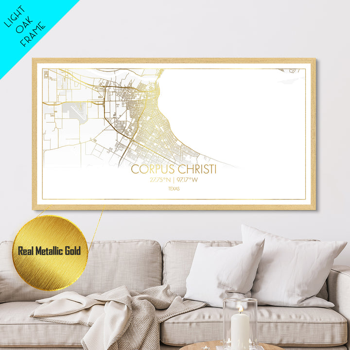 Corpus Christi Texas City Poster, Metallic Gold Art, Metal Art, real wood frames, black and gold, Street Map Art, Gold Street Map Art, Office Decor