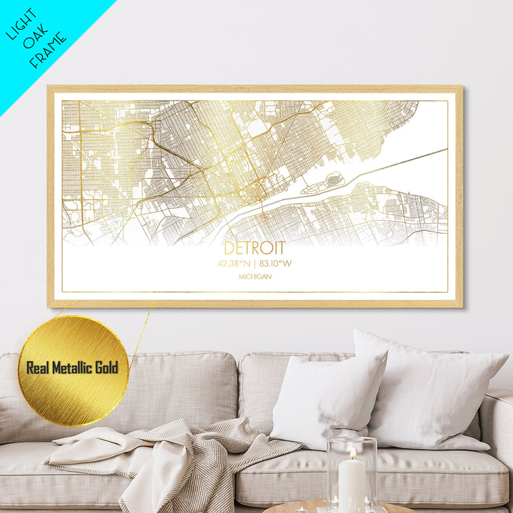 Detroit Michigan City street map, Metallic Gold Print, Metal Art, wood framed map, black and gold, Street Map Art, Map Print Poster