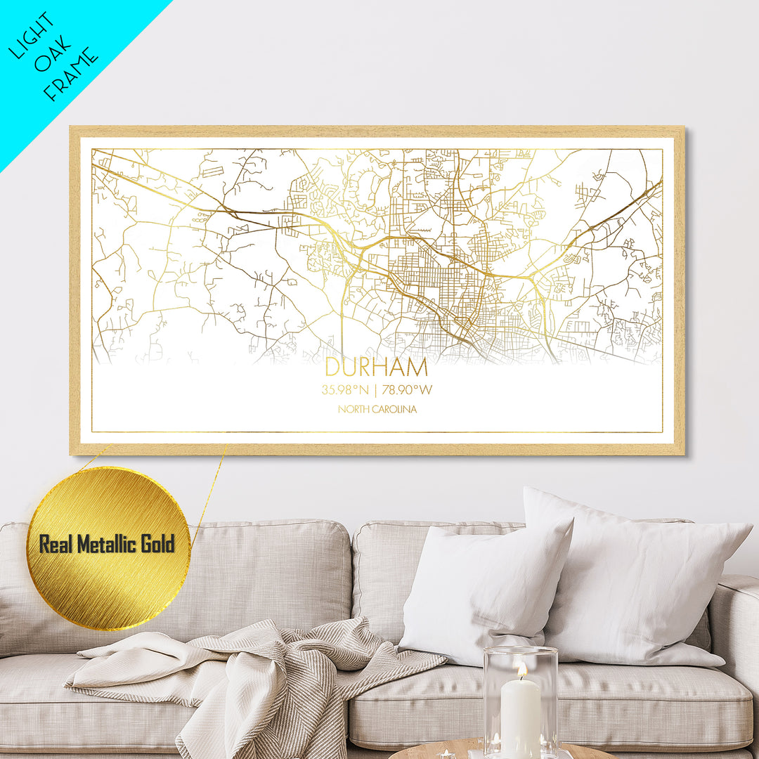 Durham North Carolina City Poster, Metallic Gold Art, Metal Art, real wood frames, black and gold, Street Map Art, Minimalist Wall Art, Office Decor