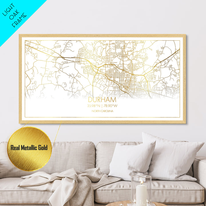 Durham North Carolina City Poster, Metallic Gold Art, Metal Art, real wood frames, black and gold, Street Map Art, Minimalist Wall Art, Office Decor
