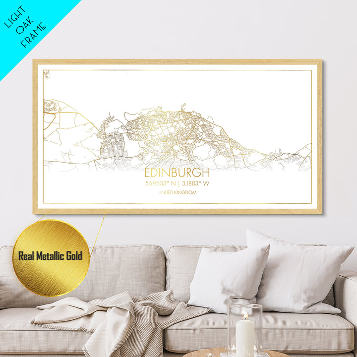 Edinburgh United Kingdom City street map, Metallic Gold Print, Metal Art, wood framed map, black and gold, Street Map Art, Travel Poster, Modern Wall Art
