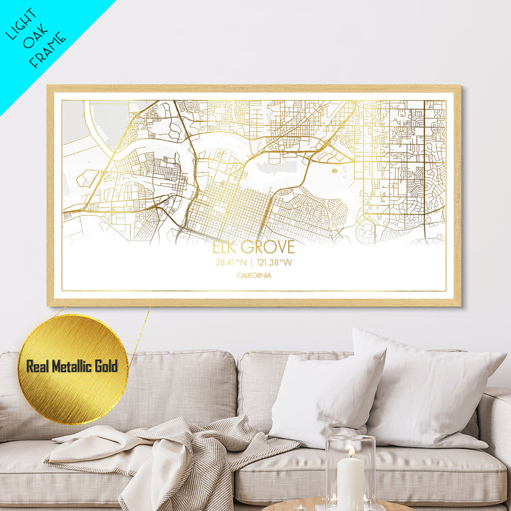 Elk Grove California City Poster, Metallic Gold Art, Metal Art, real wood frames, black and gold, Street Map Wall Art, Office Decor