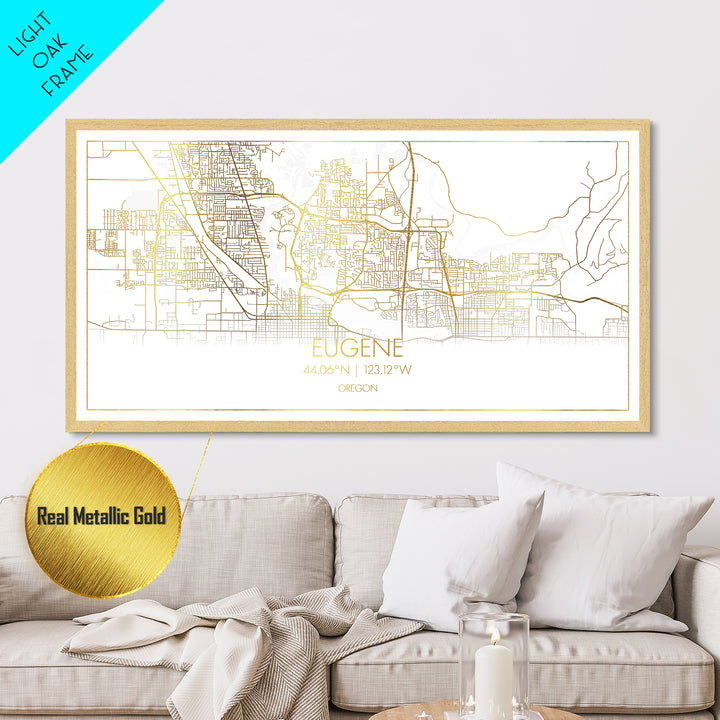 Eugene Oregon City Poster, Metallic Gold Art, Metal Art, real wood frames, black and gold, Travel Poster, Street Map Wall Art, Real Wood Frames